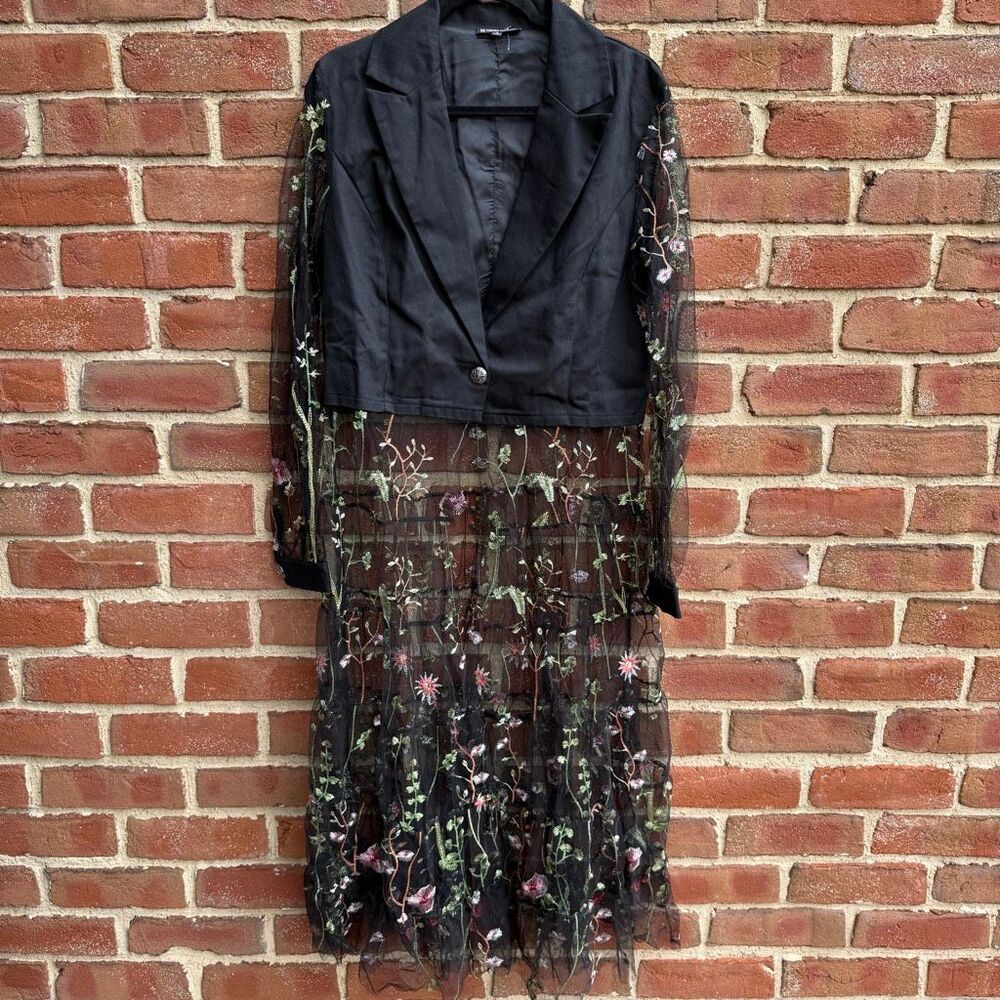 Pyramid Collection Floral Embroidered Mesh Duster Black jacket Boho M NEW
